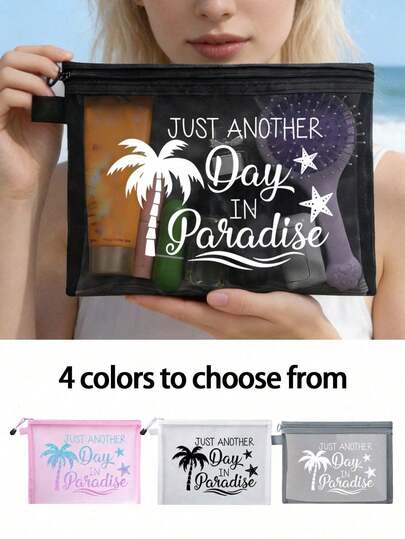 Bolsa de maquillaje de malla con estampado de paraíso tropical, bolsa transparente para lápiz labial y borlas, organizador de viaje portátil para artículos de tocador, almacenamiento de productos de cuidado de la piel y joyas, artículos esenciales de viaje para cruceros, dormitorios y uso diario, regalo para dama de honor, mamá, cumpleaños y maestro