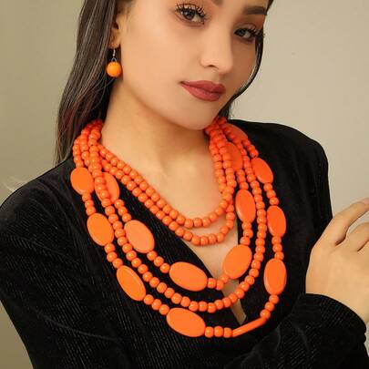 1 Set de collar y aretes de joyería elegante para damas, de estilo bohemio, con cuentas de madera multicapa exageradas, para fiesta de playa, resort y eventos de Medio Oriente
