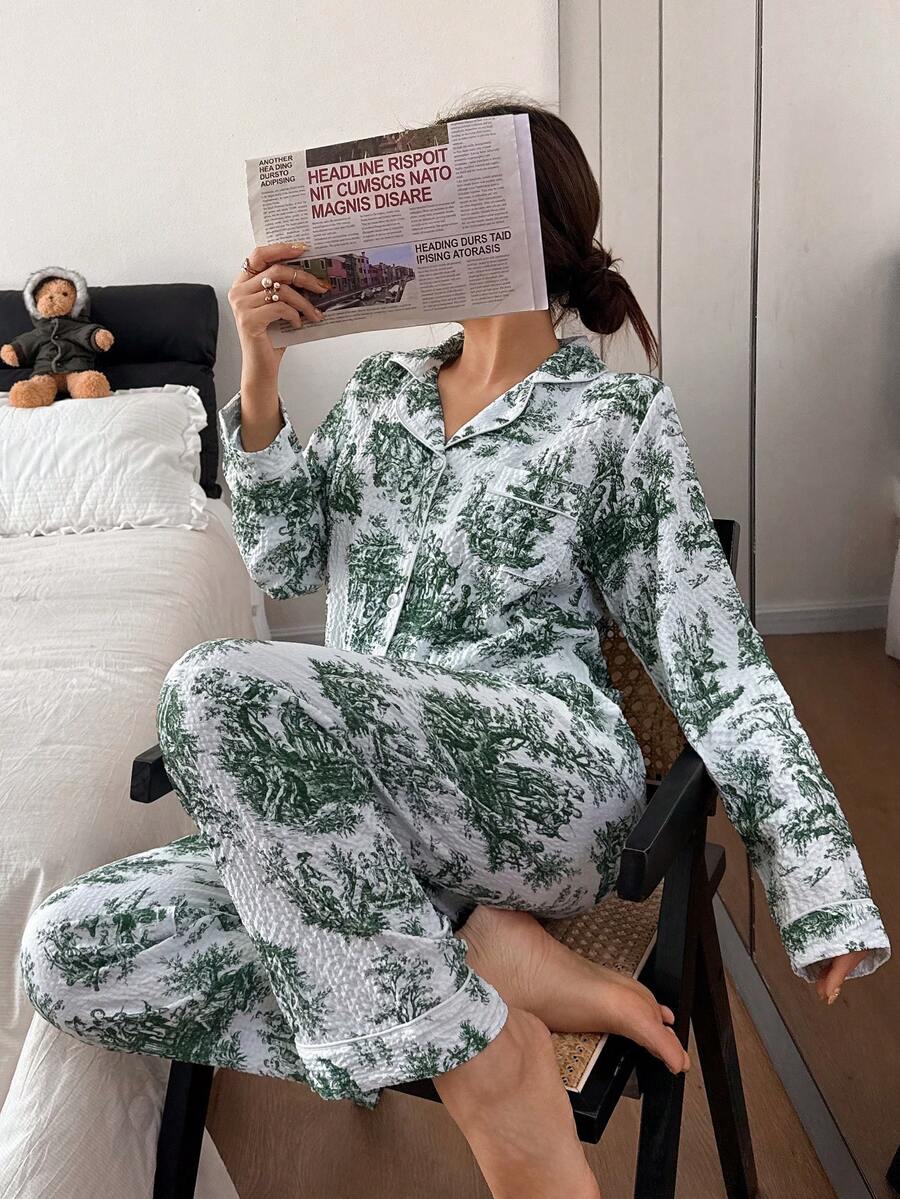 Dreamivo 两件套女士睡衣套装，采用立领设计，饰以星月、山水树木印花，中国风水墨画长袖上衣和长裤，适合春、秋、冬三季穿着。 - 綠色 - 查看 1