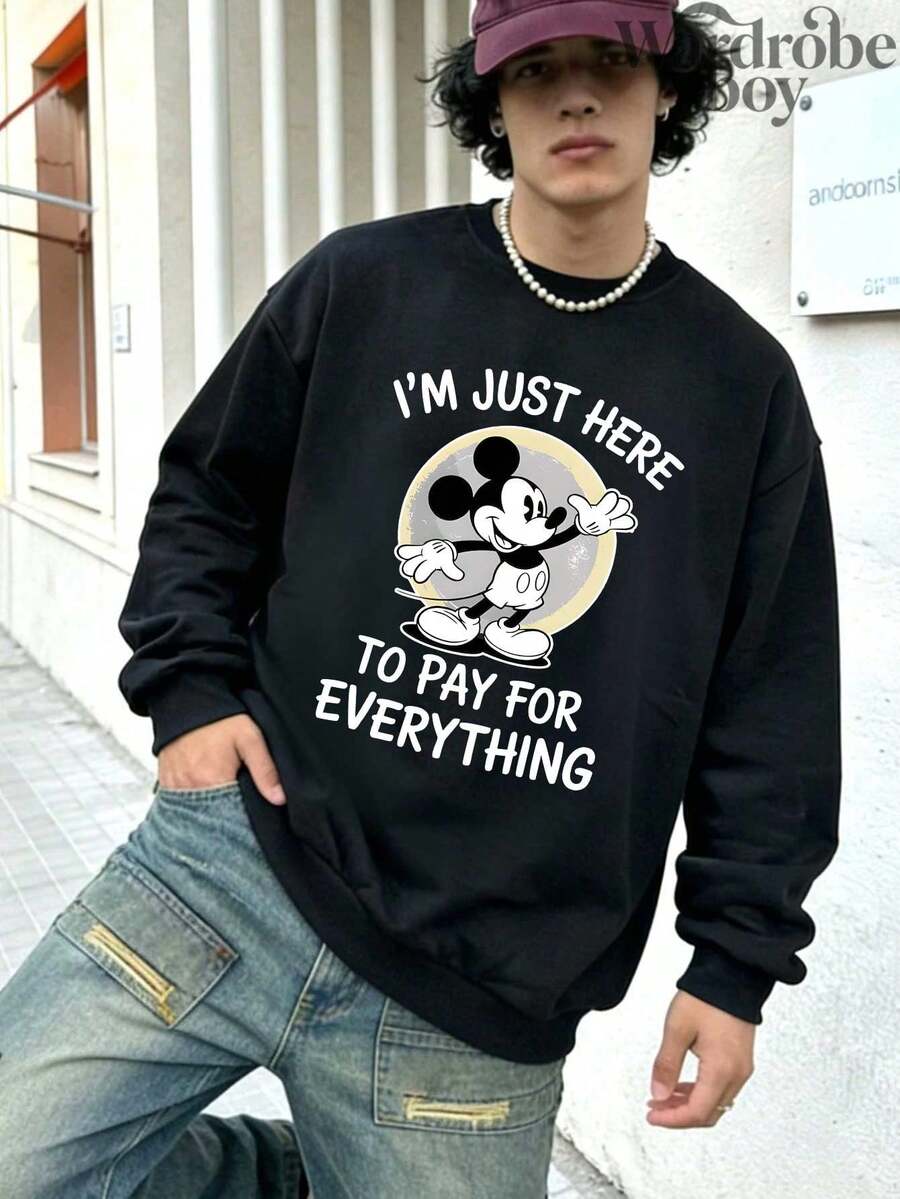 Disney Printed Pullover Sweatshirt, Fun Disney Sweatshirt, 'I'm Just Here To Pay' Theme, Disney Resort Sweatshirt, Disney Silhouette Sweatshirt, Men's Mickey Sweatshirt.High-Quality, Suitable For Spring And Autumn, Comfortable And Breathable | Exquisite Design | Best Choice For Gifting - 黑色 - 查看 1