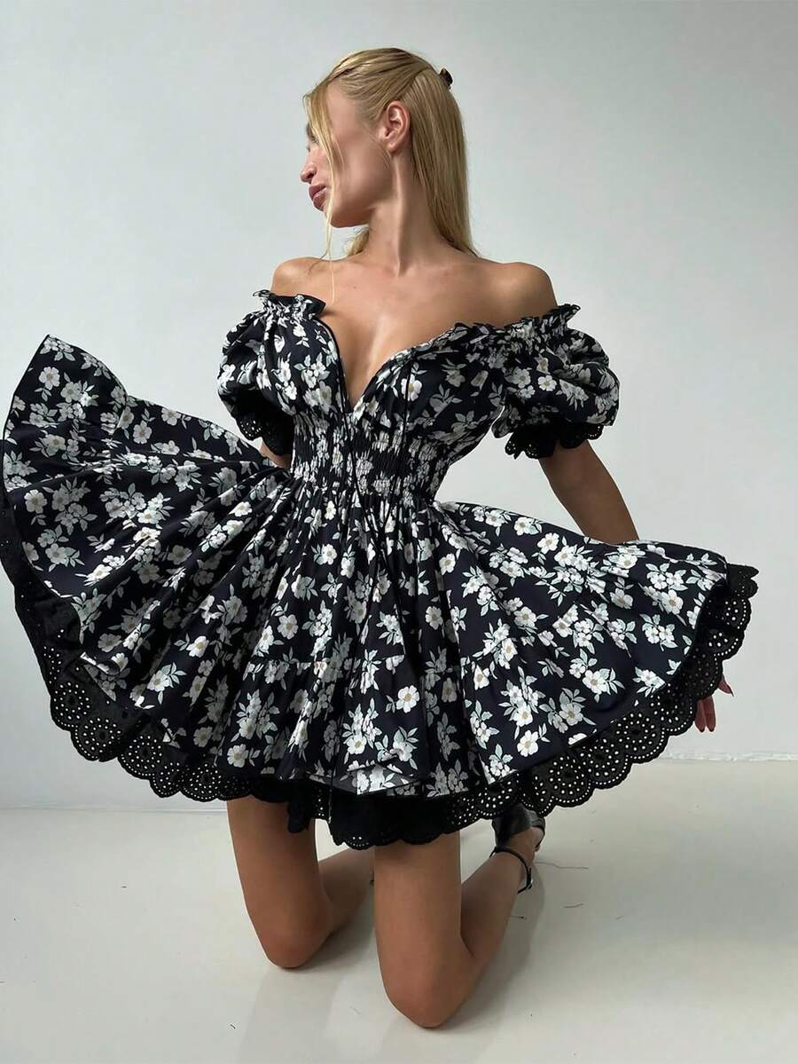 Women's Spring/Summer Ditsy Floral Sexy Romantic Elegant Off-Shoulder Lace Patchwork Contrast Color Tie Strap Mini Dress, Suitable For Daily Outing, Dating, Commuting, Holidays, Parties, Street Photography And Various Occasions Vacation - Multicolor - View 1