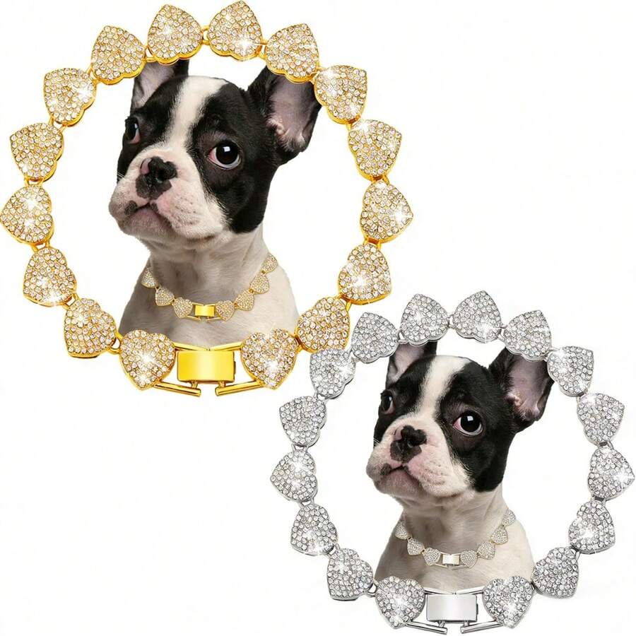 2件套心形宠物链，嘻哈风宠物项链套装，镶钻链，奢华项圈设计 - 彩色 - 查看 1