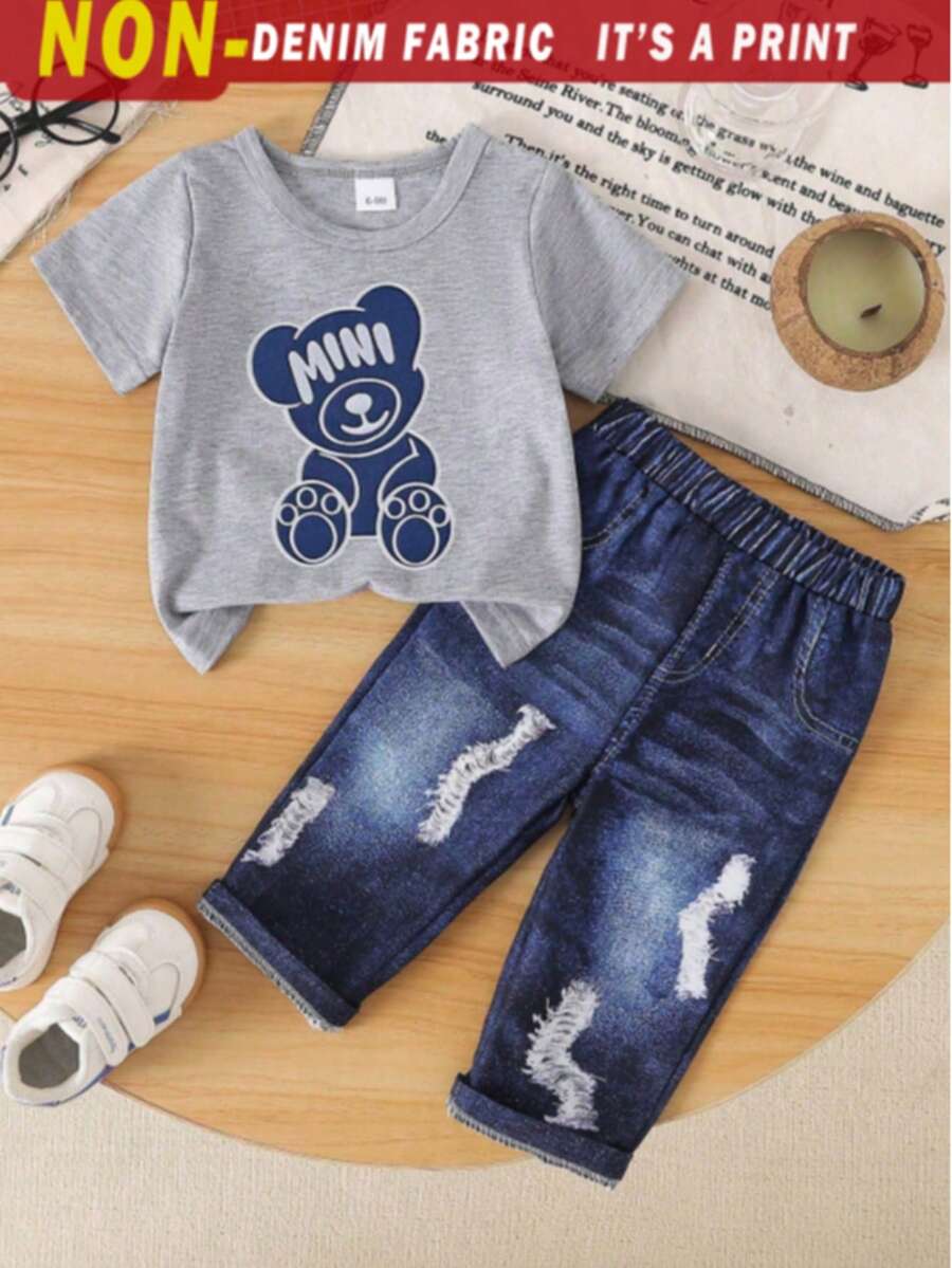 2pcs Baby Boy/Girl Casual Bear Graphic Print Short Sleeve T-Shirt And Denim Effect Print Pants Set, Comfortable & Lightweight For Summer - Grey - View 1