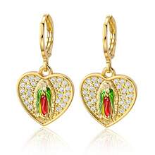 2件套优雅经典瓜达卢佩圣母心形锆石吊坠耳环，精致铜质宗教天主教饰品，女士信仰礼物 - 聖母 - 查看 6