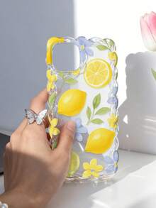 1pc Fresh And Energetic Girl Style Lemon Floral Pattern Wavy Lace Silicone Anti-Drop Transparent Phone Case Compatible With IPhone 11/12/13/14/15/16/17 Pro Max - Multicolor - View 2