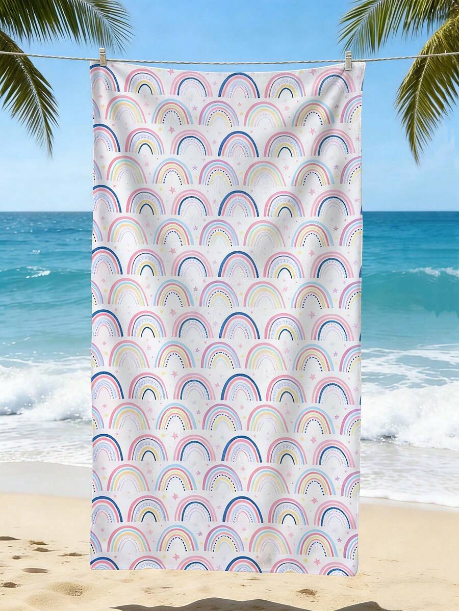 1pc Simple And Cute Rainbow Single-Sided Printed Pattern Beach Towel, Ultra-Fine Fiber Beach Towel, Lightweight, Quick Drying, Absorbent, Beach Towel, Suitable For Swimming, Swimming Pool, Yoga, Gym, Camping And Other Occasions, Essential Beach Supplies In Summer, - Type a - View 1