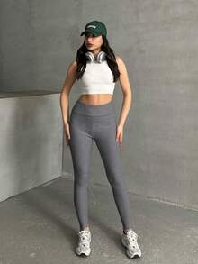Casual Versatile Solid High Waist Leggings - Dark Grey - View 4