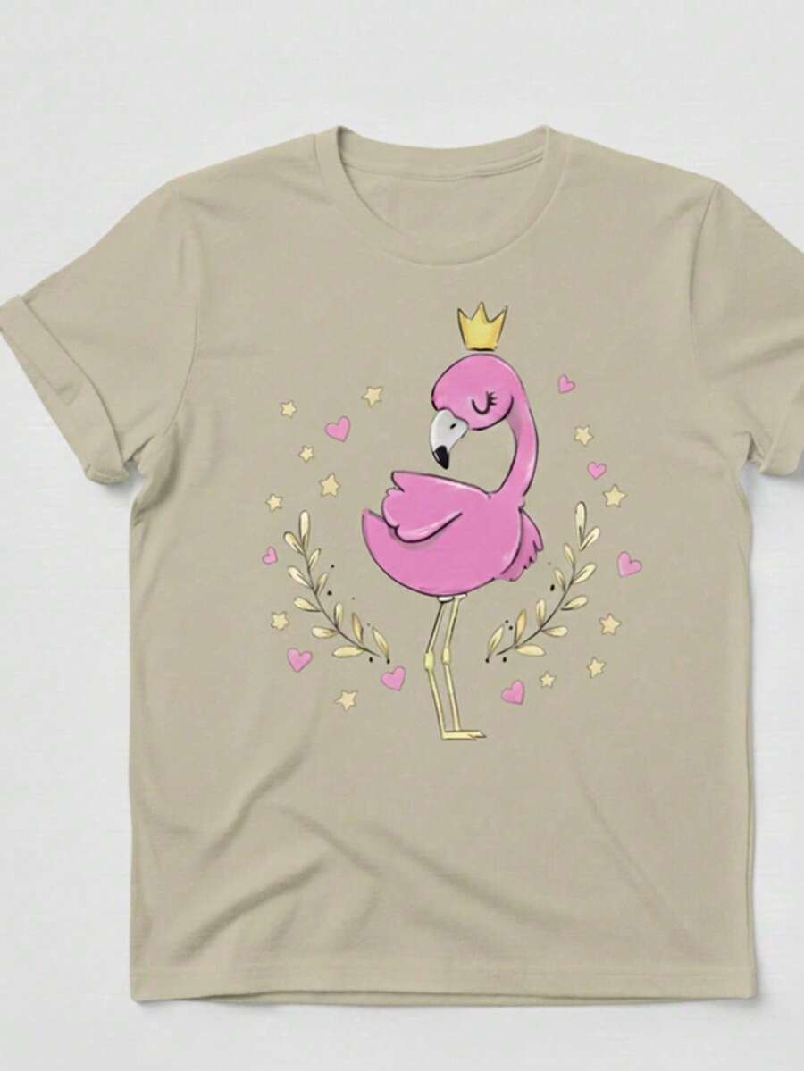 Stylish Women's T-Shirt With Flamingo And Crown Print - New Release - 100% Cotton T-Shirt - Loose, Oversized, Plus Size - GM MODAS - 米色 - 查看 1