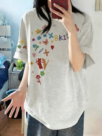 Women's Loose Fit Round Neck Short Sleeve Letter & Floral Print T-Shirt, Spring/Summer Casual