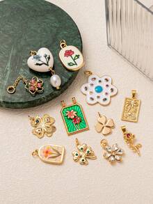 1pc INS Fashion Flower, Lucky Clover, Heart Zirconia Small Flower Rose Pendant, 18K Gold Plated, Waterproof And Fade-Resistant, DIY Jewelry Accessory, Necklace, Bracelet, Earring, Keychain, Bag, Women Jewelry, Wallet Charm, Small Pendant, Gift - Multicolor - View 3