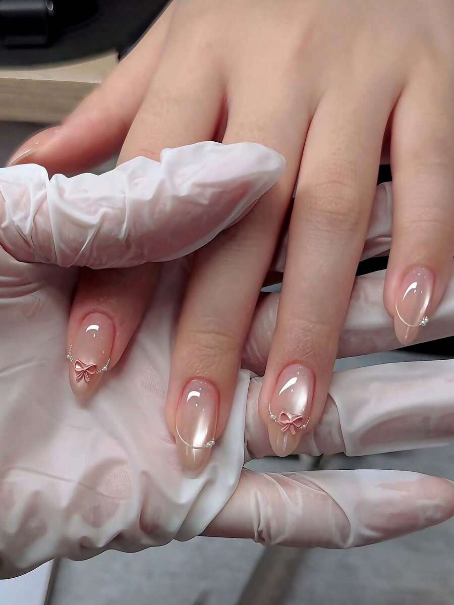Bộ 24 móng giả acrylic hình mắt mèo, dáng hạnh nhân, kiểu Pháp, đính đá 3D, phong cách tối giản sang trọng Hàn Quốc, bề mặt bóng, độ phủ cao, phù hợp cho nữ và bé gái sử dụng hàng ngày.