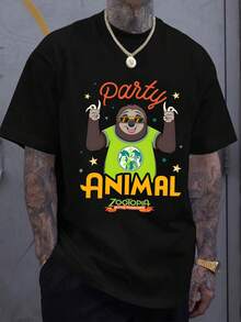 Disney Men's Casual T-Shirt, Zootopia Flash "Party Animal" Print, Funny Sloth Graphic, Soft Fabric, Perfect For Humor Lovers - Negro - Ver 1