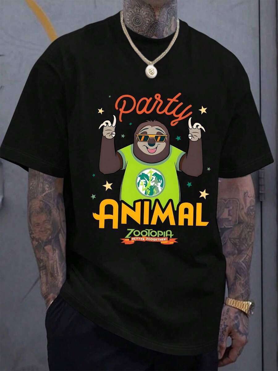 Disney Men's Casual T-Shirt, Zootopia Flash "Party Animal" Print, Funny Sloth Graphic, Soft Fabric, Perfect For Humor Lovers - Negro - Ver 1
