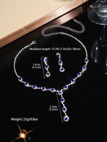 3件組女士優雅珠寶套裝，閃耀藍色水鑽項鍊與耳環套組，適合派對、婚禮或其他正式場合 - 藍色 - 查看 4