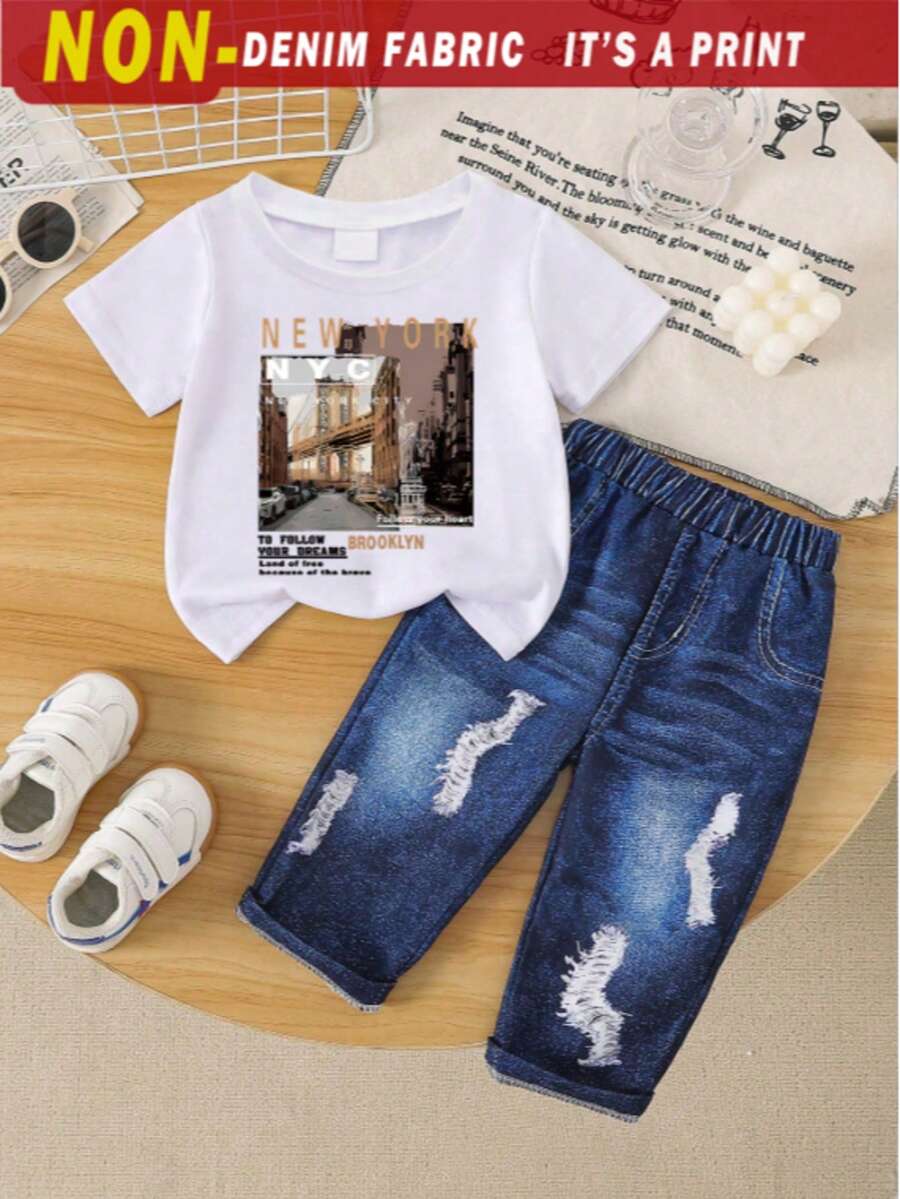 2pcs Baby Boy/Girl Casual Letter & Graphic Print Short Sleeve T-Shirt And Denim Effect Print Pants Set, Comfortable & Lightweight For Summer - White - View 1