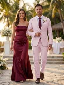 2pcs Men's 2 Piece Linen Suits For Men Slim Fit Casual Beach Wedding Summer Grooms Groomsmen Linen Blazer Pants Suit - 粉色 - 查看 3