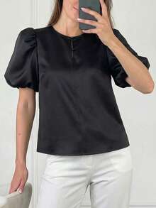Women's Elegant Luxurious Commuter Black Satin Puff Sleeve Blouse, Spring/Summer - Black - View 2