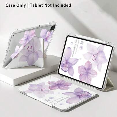 1pc Purple Flower Painted Acrylic Crystal Tablet Protective Case With Stand, Suitable For Samsung, Honor, Apple And Other Brands, Foldable Anti-Bending, Silicone Reinforced Corners, Auto Wake/Sleep Function, Built-In Pen Slot, Multi-Angle Foldable Stand - Perfect Daily Protection, Ideal Gift