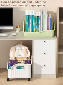 Caja de almacenamiento de libros con ruedas, bolsa para libros, estantería, caja para libros de texto de estudiantes, organizador de escritorio para el aula, caja móvil para libros - Verde - Ver 5