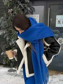 1条蓝色围巾，冬季保暖颈部必备，加厚针织流苏披肩，可穿戴 - 彩色 - 查看 4