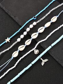 5件套波西米亚海滩度假风人造珍珠人造贝壳串珠鱼尾海星多层项链，适合女士约会、派对、日常通勤、周年纪念、节日礼物 - 彩色 - 查看 3
