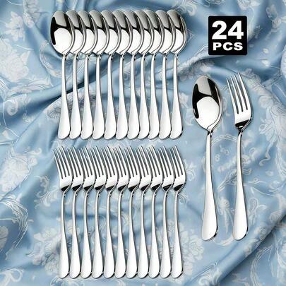 Juego de vajilla premium, tenedor y cuchara para plato principal, disponible en dorado, plateado y negro, artesanía de metal de alta gama con acabado espejo, adecuado para filete, pasta, pudín y otros platos delicados, mejora la experiencia de comida para reuniones en el hogar y uso comercial