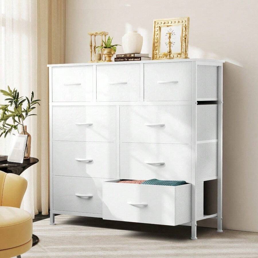 Sweetcrispy 9 Tall Fabric Clothes Cabinet Storage Organizers And Wood Top Surface Table Chest Of Drawers, 9 Drawer Dresser,Grids Grid Cabinet  Fabric Storage Tower For Bedroom, Hallway, Entryway, Closet, Tall Chest Organizer Unit With Fabric Bins, Steel Frame, Wood Top, Easy Pull Handle, Charcoal - 白色-1 - 查看 1