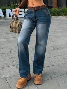 Quần jeans nữ kiểu Mỹ cổ điển, cạp trung, ống rộng, dáng suông, chất liệu denim không co giãn, phong cách đường phố. - Rửa tối - Xem 3