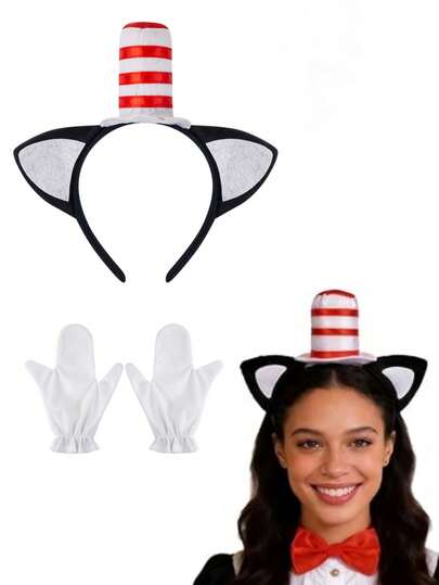 Cat's Ears (Steamed Cat-Ear Shaped Bread) Hairband And Red Smoke Column Hat Costume At A Cute Role Play Party, This Striped Top Hat Is Very Suitable For School Dramas, Halloween, Or Online Themed Parties, Birthday Parties And Makeup Parties. The Headband With Cat's Ears (Steamed Cat-Ear Shaped Bread) Is Designed To Attract And Attract Eyes. The Unique Classic Design Will Make You Stand Out From Any Crowd