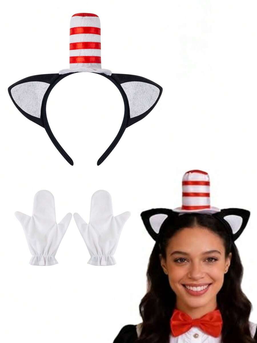 Cat's Ears (Steamed Cat-Ear Shaped Bread) Hairband And Red Smoke Column Hat Costume At A Cute Role Play Party, This Striped Top Hat Is Very Suitable For School Dramas, Halloween, Or Online Themed Parties, Birthday Parties And Makeup Parties. The Headband With Cat's Ears (Steamed Cat-Ear Shaped Bread) Is Designed To Attract And Attract Eyes. The Unique Classic Design Will Make You Stand Out From Any Crowd - Multicolor - View 1