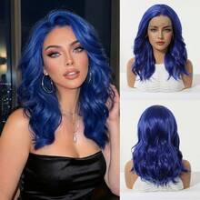16-Inch Long Dark Blue Hair With Soft Waves Layered Wig Synthetic Natural Looking Wigs Lace Front Wigs 13*4 Hand Woven Lace Chemical Fiber Hair Daily Daily Imported Silk Party Wedding Music Festival Halloween Gift - Multicolor - View 13