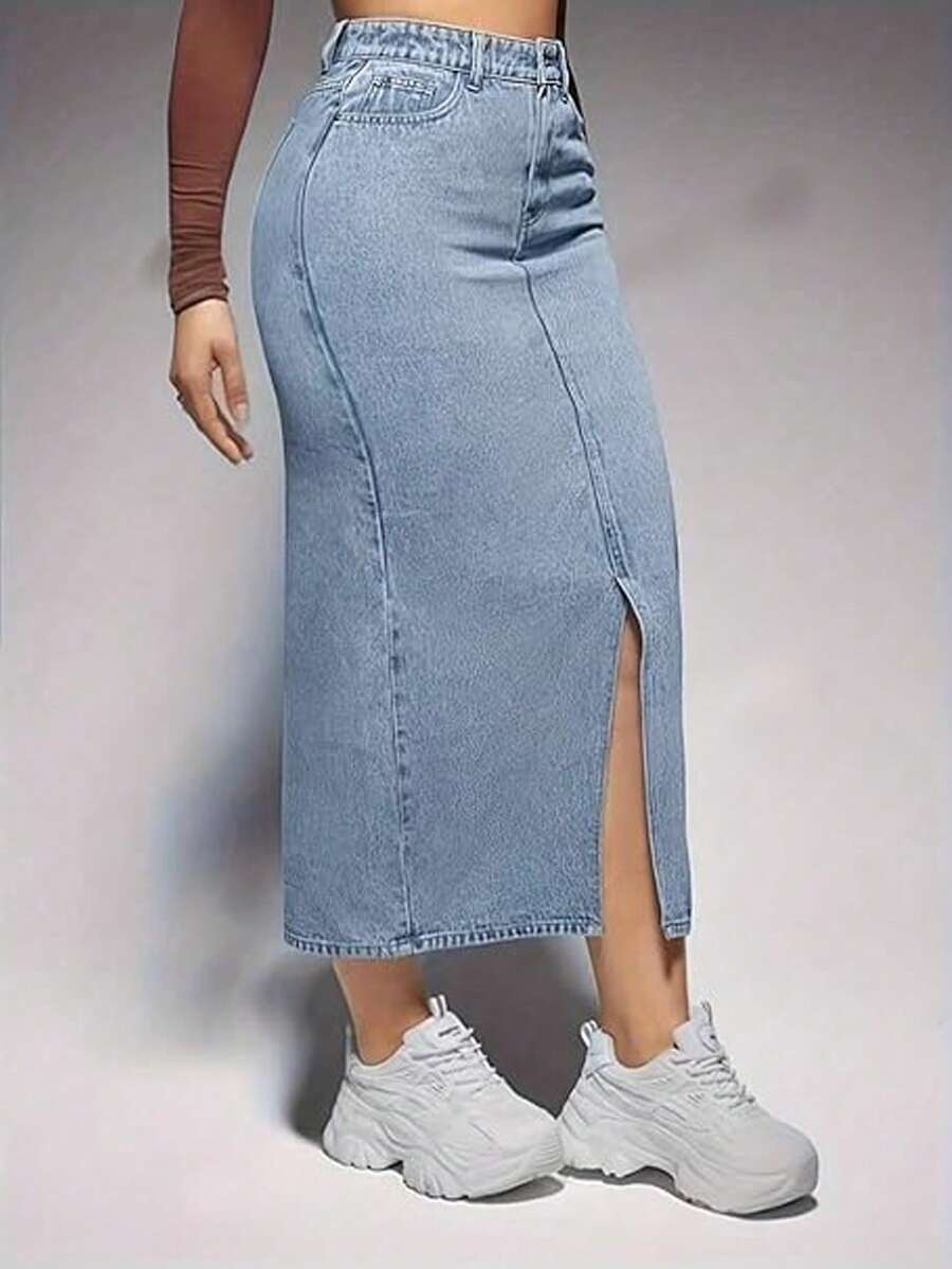 女士休闲优雅长款牛仔裙，开衩设计，中等弹力面料 - 藍色 - 查看 1