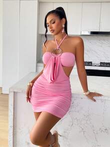 AIJ Amarilo Women'S Hot Pink Two Pieces Set - Halter Neck O-Ring Cutout Crop Top & Ruched Mini Skirt, Sexy Club & Vacation Outfit - Pink - View 1