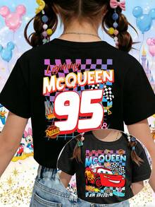 Disney Pixar Cars Lightning McQueen 95 Rust-Eze "I Am Speed" Racing Printed Pattern T-Shirts For Girls - Children's Clothing Design Short-Sleeved Casual And Cute Style Comfortable And Casual Wear All Year Round Suitable For Parties And Play Machine Washable Gift Children's Clothing Girls' Short-Sleeved Shirts - 黑色 - 查看 1