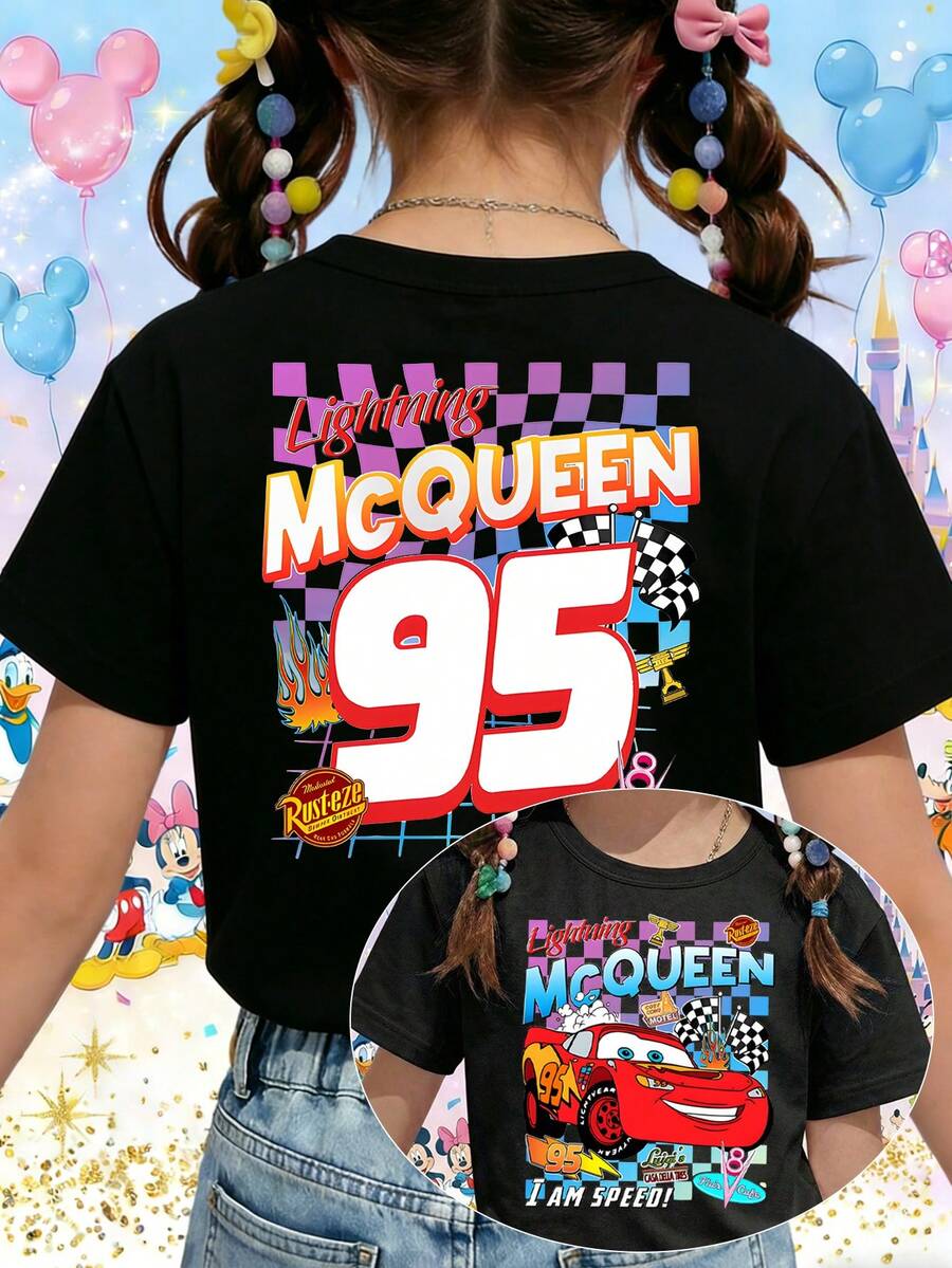 Disney Pixar Cars Lightning McQueen 95 Rust-Eze "I Am Speed" Racing Printed Pattern T-Shirts For Girls - Children's Clothing Design Short-Sleeved Casual And Cute Style Comfortable And Casual Wear All Year Round Suitable For Parties And Play Machine Washable Gift Children's Clothing Girls' Short-Sleeved Shirts - 黑色 - 查看 1