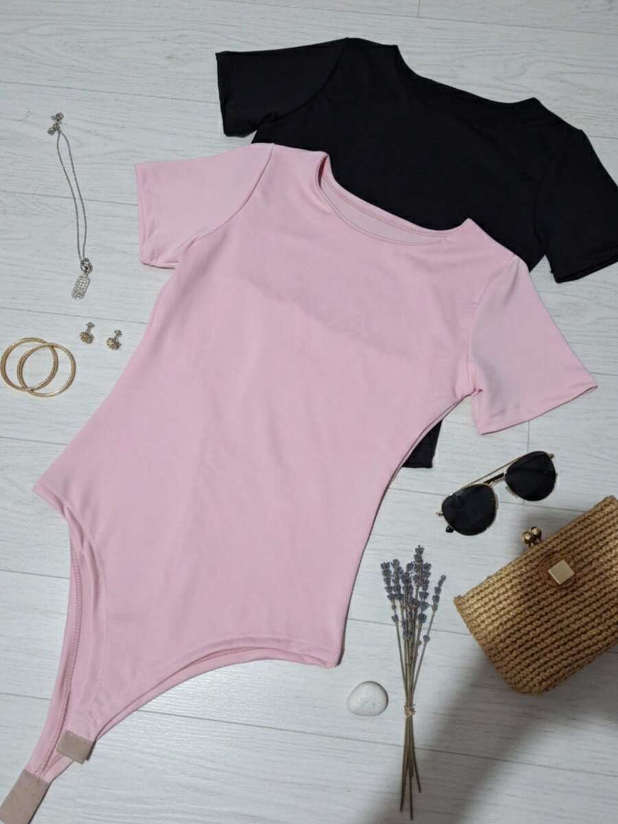 Set Of 2 Women's Short-Sleeved Elegant Bodysuits In Supplex Fabric. Stylish Casual Look, Comfortable Bodysuit, Basic And Stylish Fashion. Simple, Casual, Knit Fabric. - 蒙特內哥羅 - 查看 1
