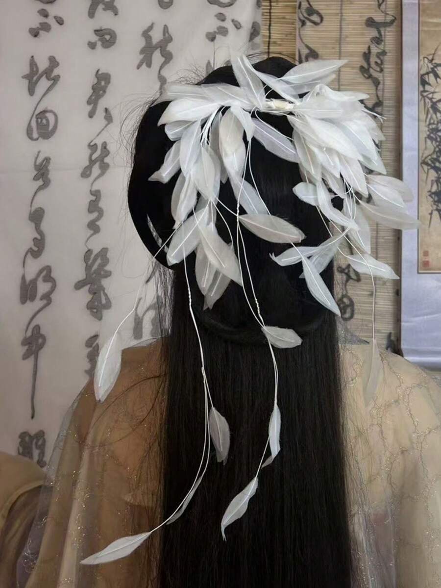 1pc Bohemian White Bridal Faux Feather Tassel Hair Clip, Fairy Headpiece For Wedding Dress, Photography, All Seasons - Multicolor - View 1