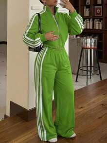 ChicMe Women 2 Pieces Outfit Stand Collar Zip Up Stretchy Hem Crop Coat Elastic Waist Wide Leg Pants Casual Contrast Side Striped Set - Green - View 2
