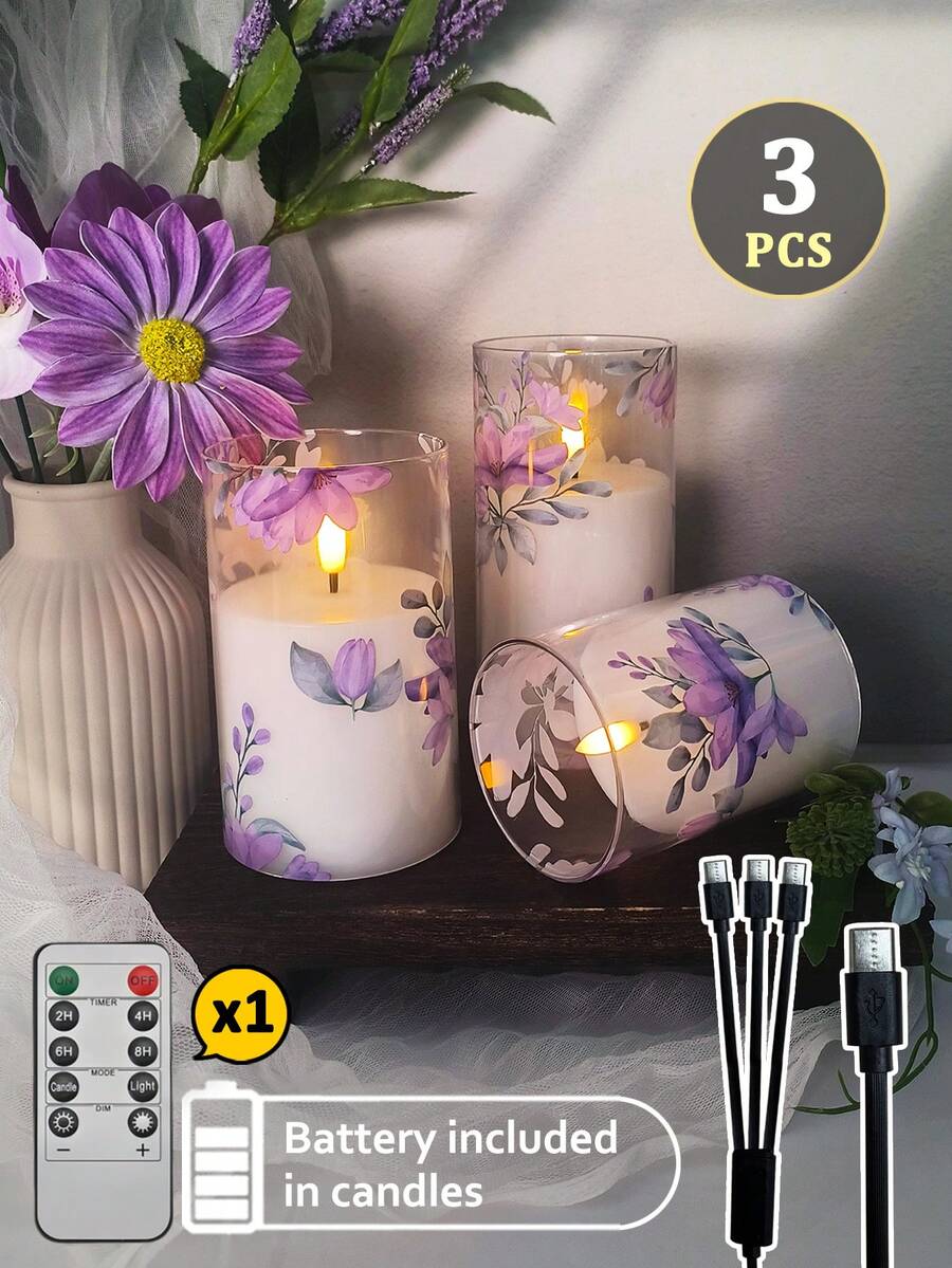 3pcs Set: LED Flameless Candle Lights With Remote Control/Timer, Type-C 3-In-1 Charging Cable, Violet Cup Candles, Suitable For Desktop Decor, Gifts For Christmas, Halloween, Valentine's Day, Birthday, Proposal, Wedding, Dining Table, Party, Holiday Atmosphere Decoration