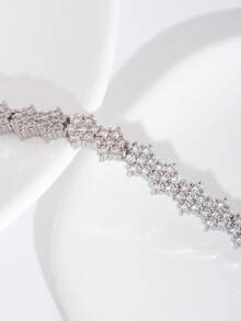 1 Set Luxury Elegant Cubic Zirconia Inlaid Hexagram Design Bracelet, Suitable For Women's Wedding & Party Wear, Excluding Gift Box - Silver - View 4