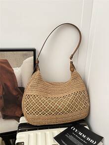 大容量时尚百搭单肩包，休闲镂空编织草编包，沙滩度假腋下包 - 彩色 - 查看 10