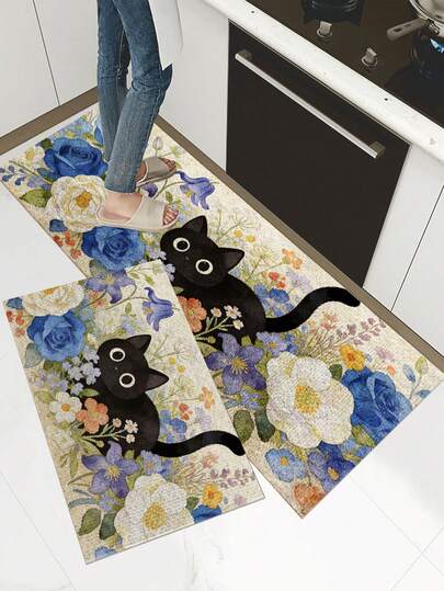1pc Flower And Cat Printed Floor Mat, Cute Style Polyester Non-Slip Backing Machine Washable Indoor Entrance Mat, Kitchen Mat Outdoor Carpet, Rugs For Living Room, Bedroom, Bathroom, Room Decoration Office Decor