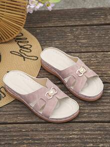Damen Sandalen in Große Größen, Sommer Neue Mode Lässig Weinrot & Schwarz Patchwork Runde Zehenkappe Plateau Dicke Sohle Slip-On, Komfortabel für Alltag/Strand - Rosa gefrostet - Übersicht 8