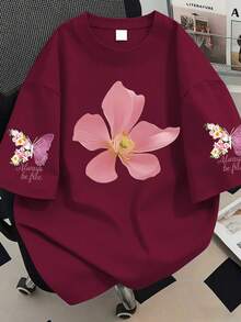 字母與花卉印花大尺碼女款夏季休閒上衣，適合夏季度假、沙灘穿著、春季、母親節、日常穿著、婚禮、健身、畢業、派對，時尚春季上衣 - 酒紅色 - 查看 1