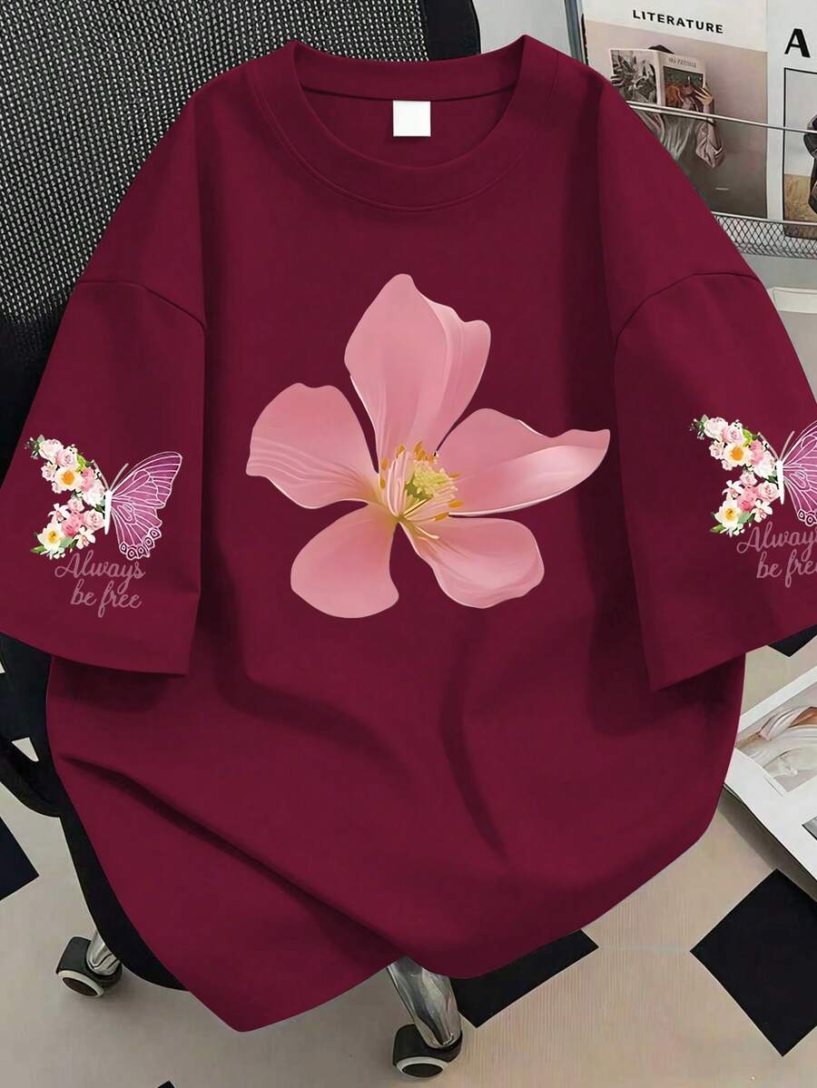 字母與花卉印花大尺碼女款夏季休閒上衣,適合夏季度假、沙灘穿著、春季、母親節、日常穿著、婚禮、健身、畢業、派對,時尚春季上衣 - 酒紅色 - 查看 1