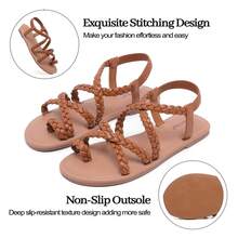 Women's Wide Width Flat Sandals, Flip Flop Casual Strapy Sandals Slip On Summer Beach Shoes For Women. - 布朗 507 - 查看 4