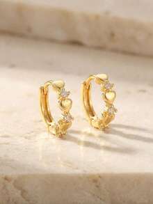 1 Pair Fashionable Exquisite Gold-Plated Copper Zirconia Heart Decor Earrings, Party Decoration Earrings, Holiday Gift Jewelry Accessory - Gold - View 2