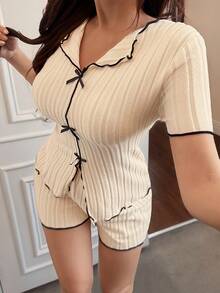 2pcs Women Bowknot V-Neck Long Sleeve Top And Flare Pants Ribbed Loungewear Set, Casual Sleepwear Suitable For Autumn/Winter - Apricot - View 3