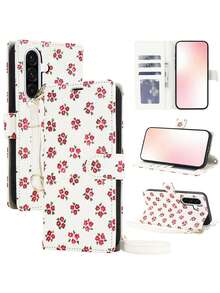 花朵造型斜挎翻盖PU仿皮钱包式手机壳，适用于三星Galaxy S26 S25 Edge S24 S23 Plus Ultra A57 A37 A17 A07 A56 A36 A26 A16 A06 A55 A35 A25 A15 A54 A34 A24 A14 A13，带卡槽、支架、腕带，具备RFID屏蔽功能，国际版，非国内版 - 紅色 - 查看 3