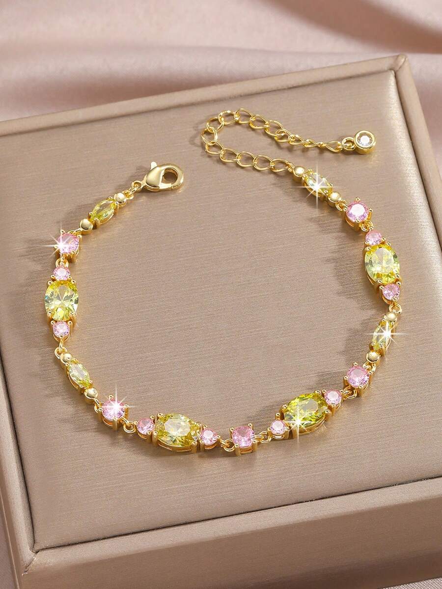 1条高品质闪亮锆石网球手链，花叶造型独特，多种颜色可选，时尚镀金配饰，适合女性日常佩戴，也适合节日、婚礼、伴娘、母亲节、情人节、圣诞节等场合。